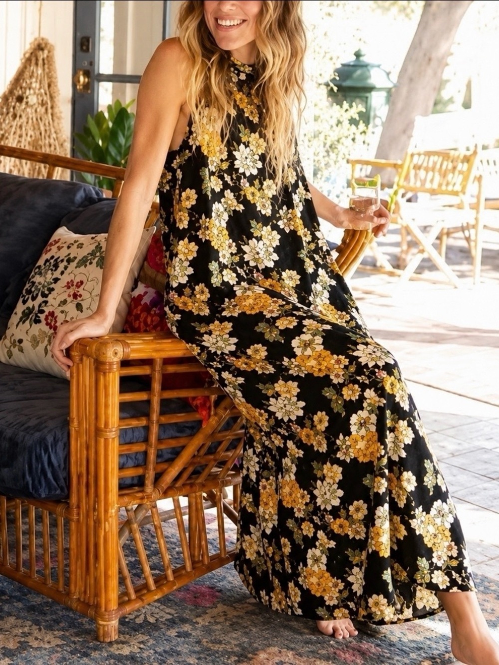 Natural Life XS/S Black Mustard Floral Sleeveless Maxi Dress Boho Fall wardrobe